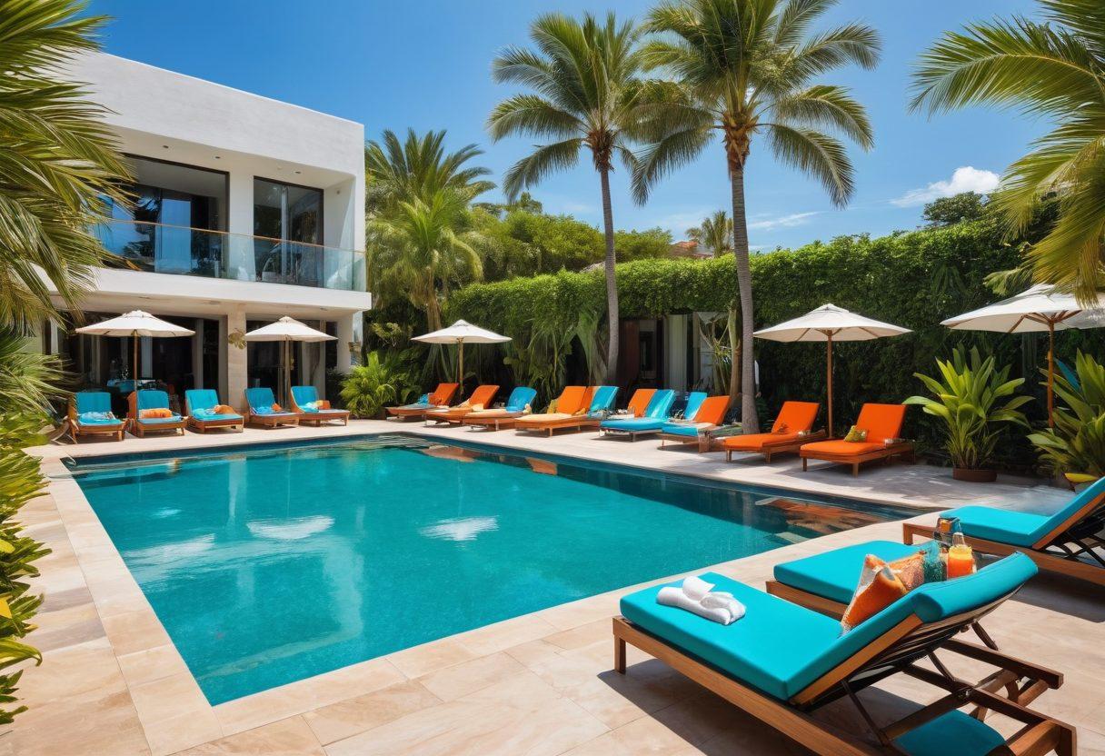 A vibrant poolside scene featuring a stylish, modern resort with elegant lounge chairs, palm trees, and a sparkling blue pool. Show a diverse group of fashionable individuals wearing trendy swimwear, enjoying summer activities like sipping cocktails and sunbathing. Capture the essence of a luxurious summer vibe with bright colors and cheerful expressions. Include stylish beach accessories like sunglasses and towels scattered around. super-realistic. vibrant colors. tropical setting.